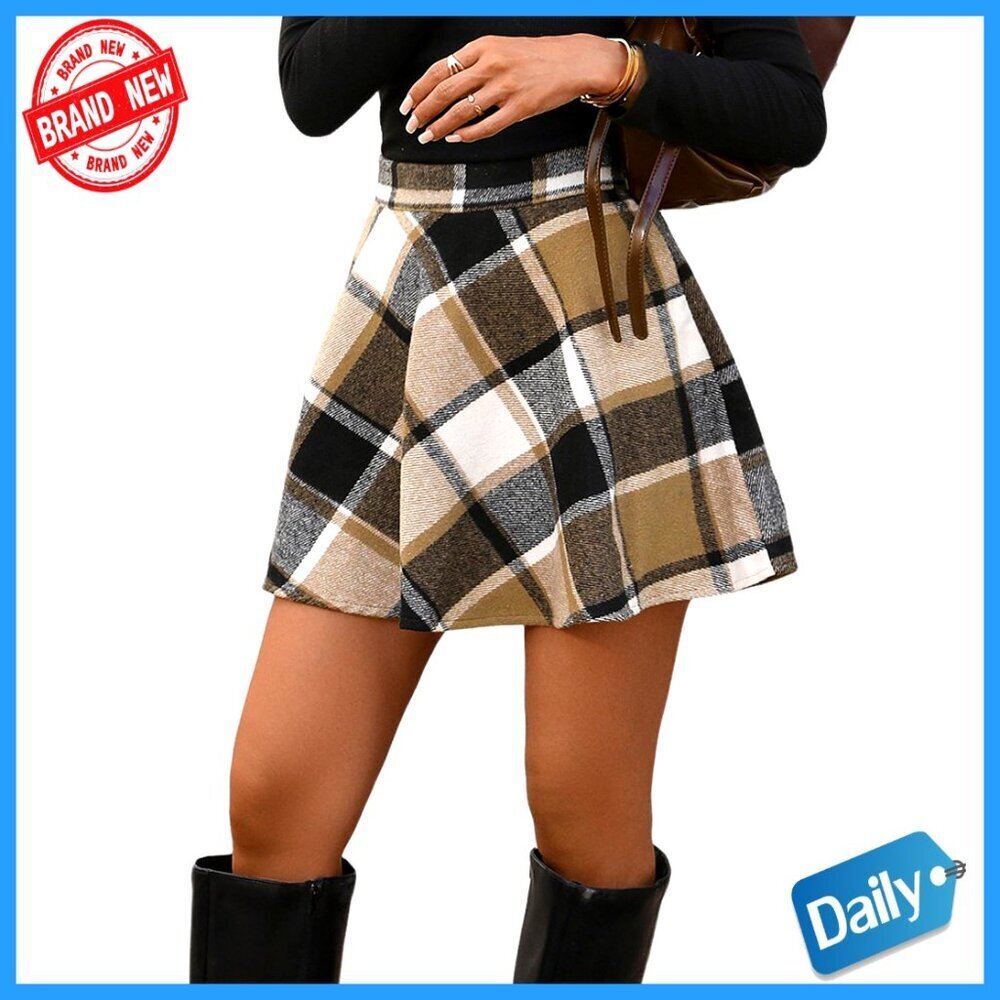 High Waisted A-Line Mini Skirt Plaid Print Flare Casual